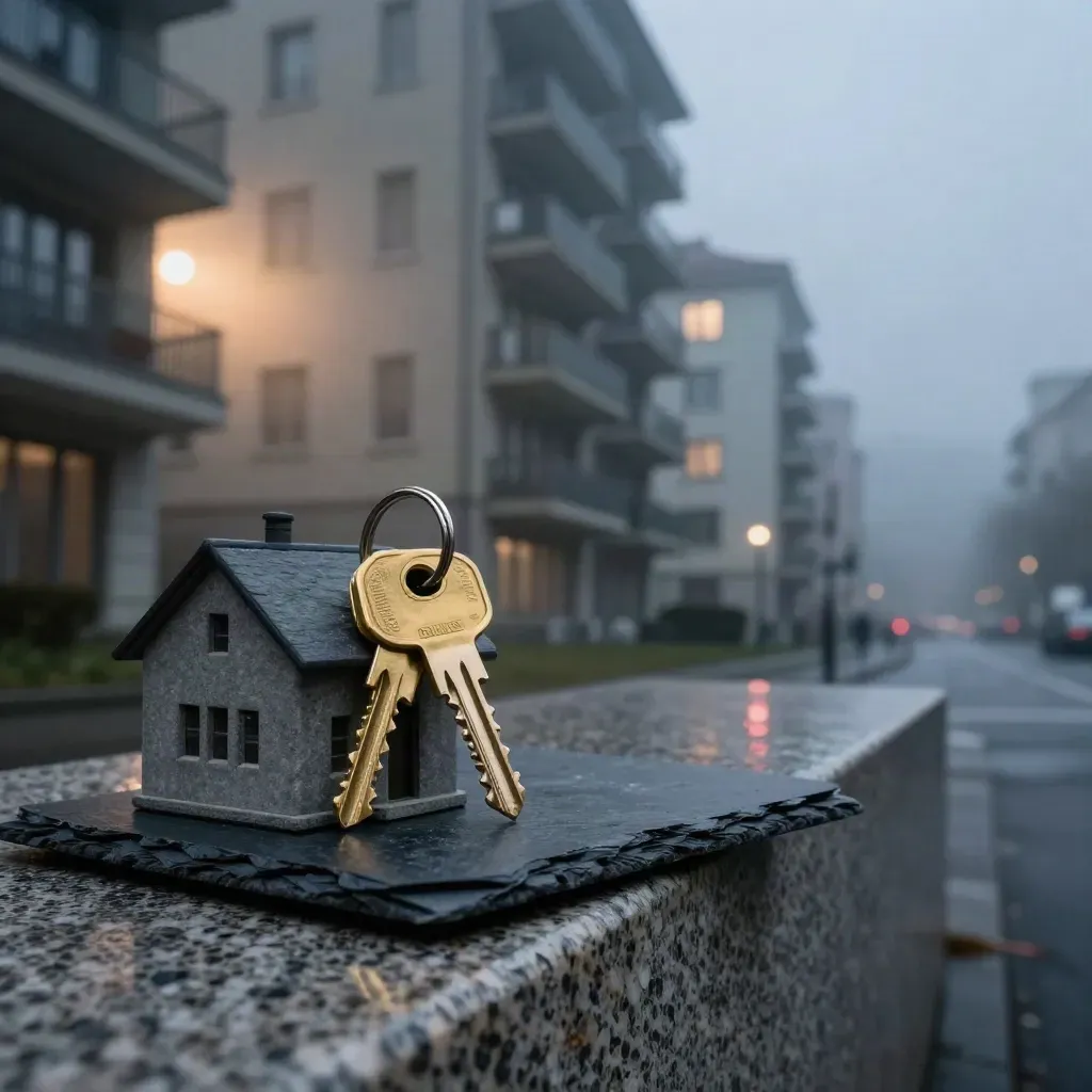 Misted Zürich mit Häuserblock, Schlüsselring, Steinhausmodell und Schieferprobe im Vordergrund