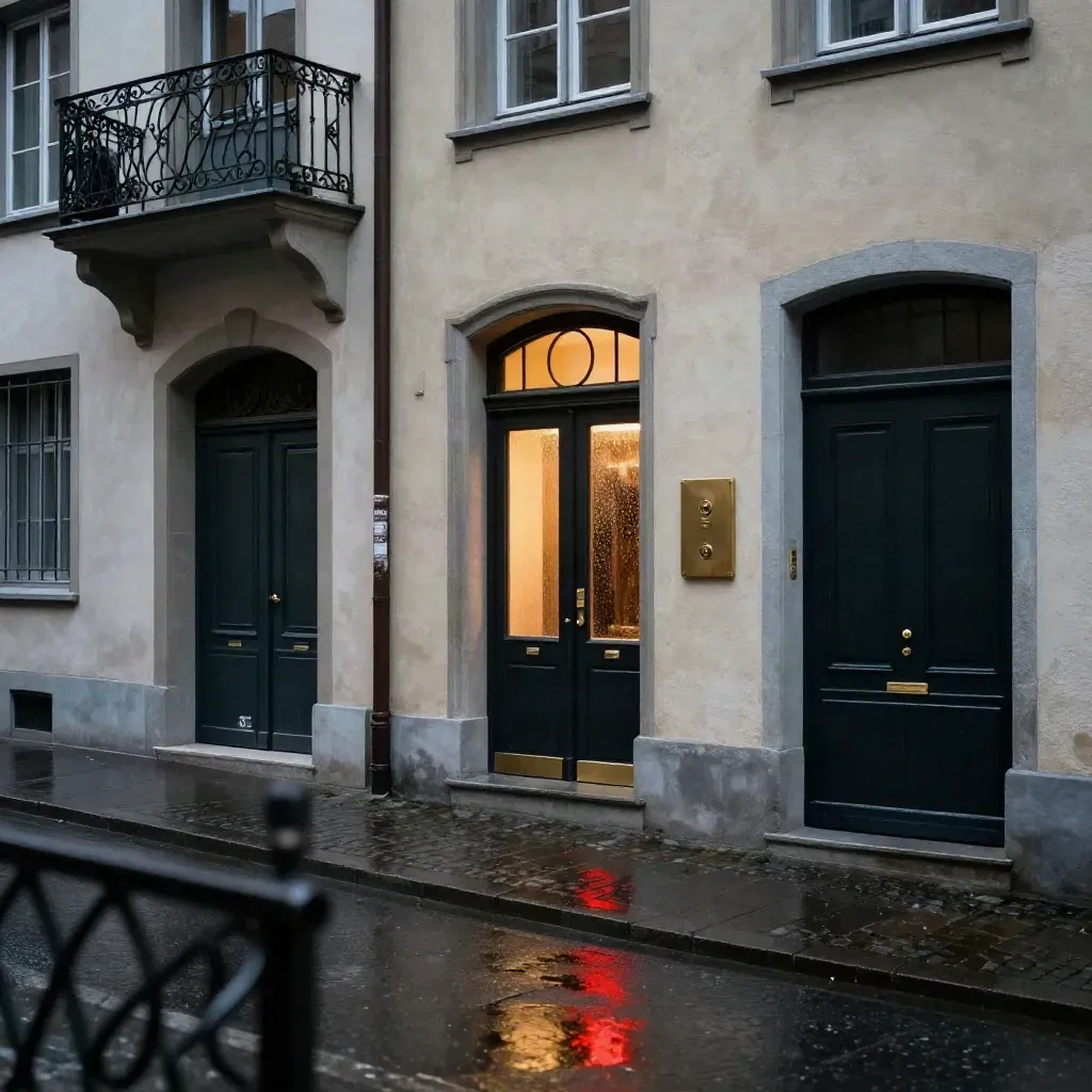 Zürcher Altstadt-Fassaden mit drei Eingängen, ein Türdurchgang leuchtet warm im Nieselregen.