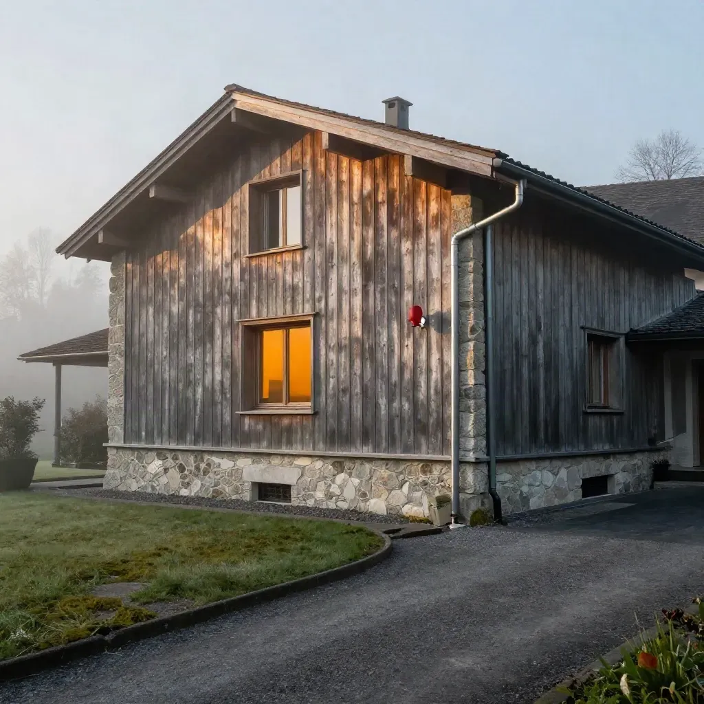 Schweizer Villa mit Steinplinthe, Holzfassade und rotem Vermessungslicht im Morgennebel.