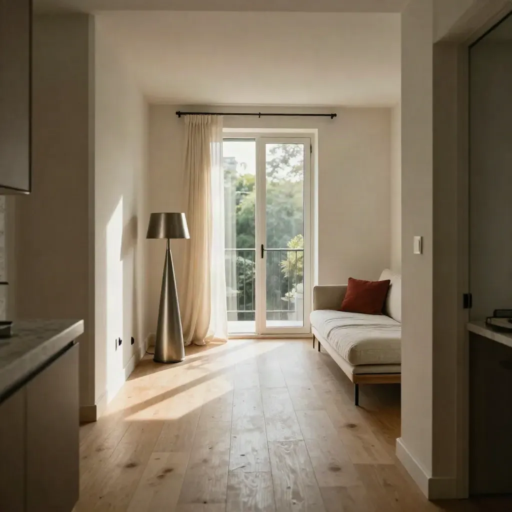 Helles Apartment mit Balkon, Parkett, Lampe und rotem Kissen im warmen Fensterlicht