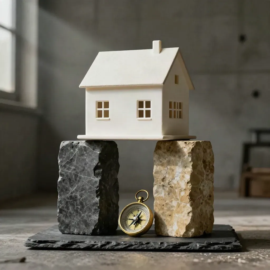 Minihaus zwischen Steinblöcken und Messingkompass im dramatischen Licht.