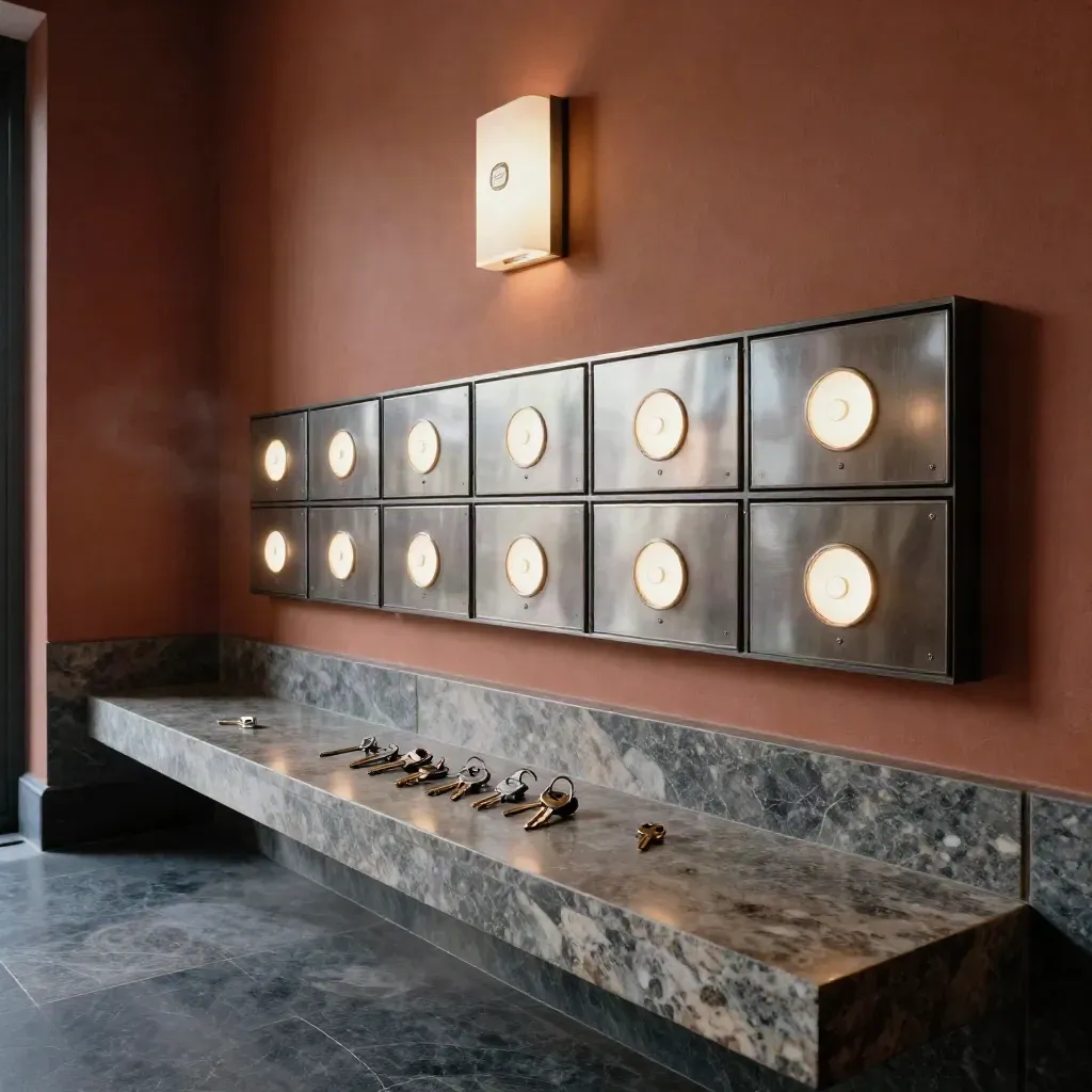 Moderne Lobby mit leuchtenden Klingeln, Paketfächern und Schlüsseln auf Stein