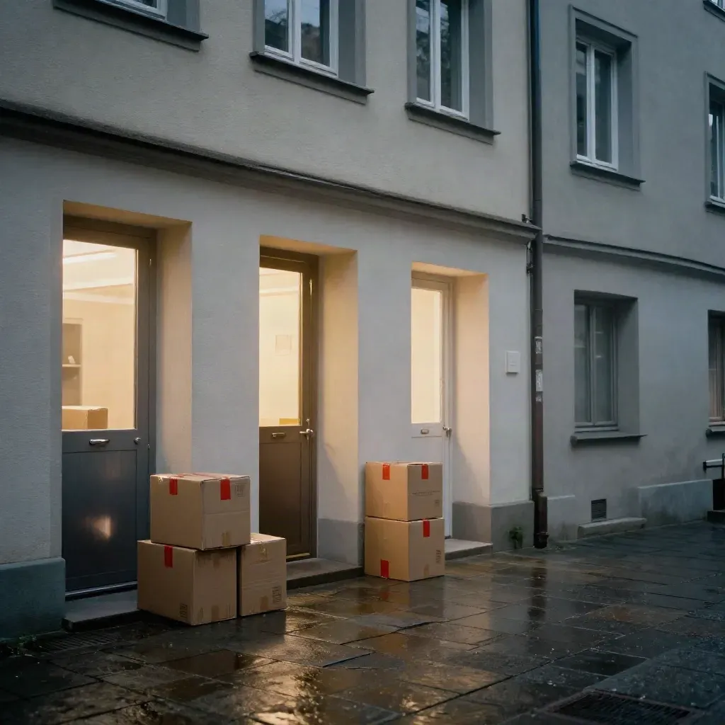 Nachtlicher Zürcher Innenhof mit vier beleuchteten Eingängen und gestapelten Paketboxen.