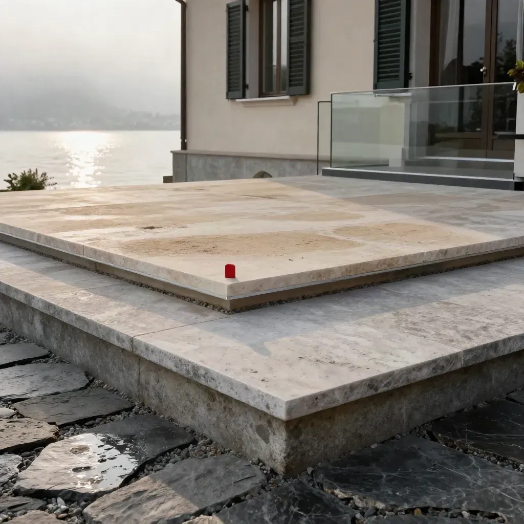 Lakeside-Villa-Terrasse in Zug mit rotem Marker und Blick auf den See im Morgennebel