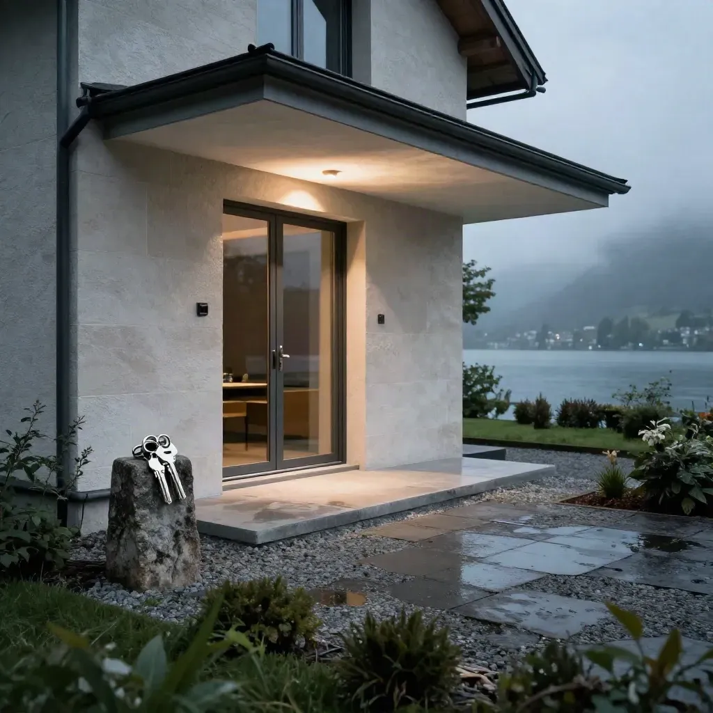 Moderne Seefront eines Hauses bei Luzern mit beleuchteten Eingängen und Schlüsseln auf einem Steinpfosten