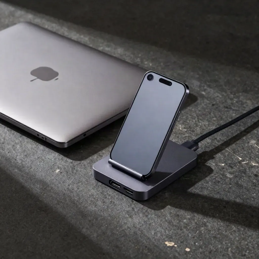 Geschlossener Laptop, Handyhalter und USB-C-Dock auf dunklem Stein, dramatisch beleuchtet.