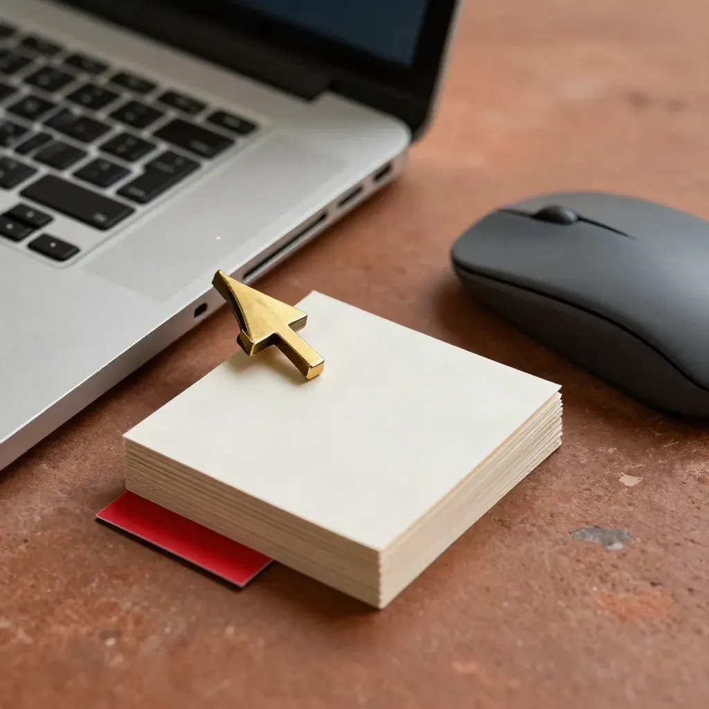 Makler-Workspace in Makro: Laptop, Messing-Pfeilgewicht, Kartenstapel und matte Maus.