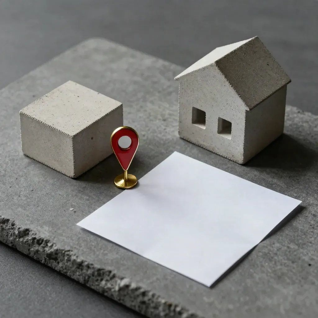 Brass-Lokalisierungsmarker, Beton-Hausblock und gefaltete Folie auf grauer Steinfläche