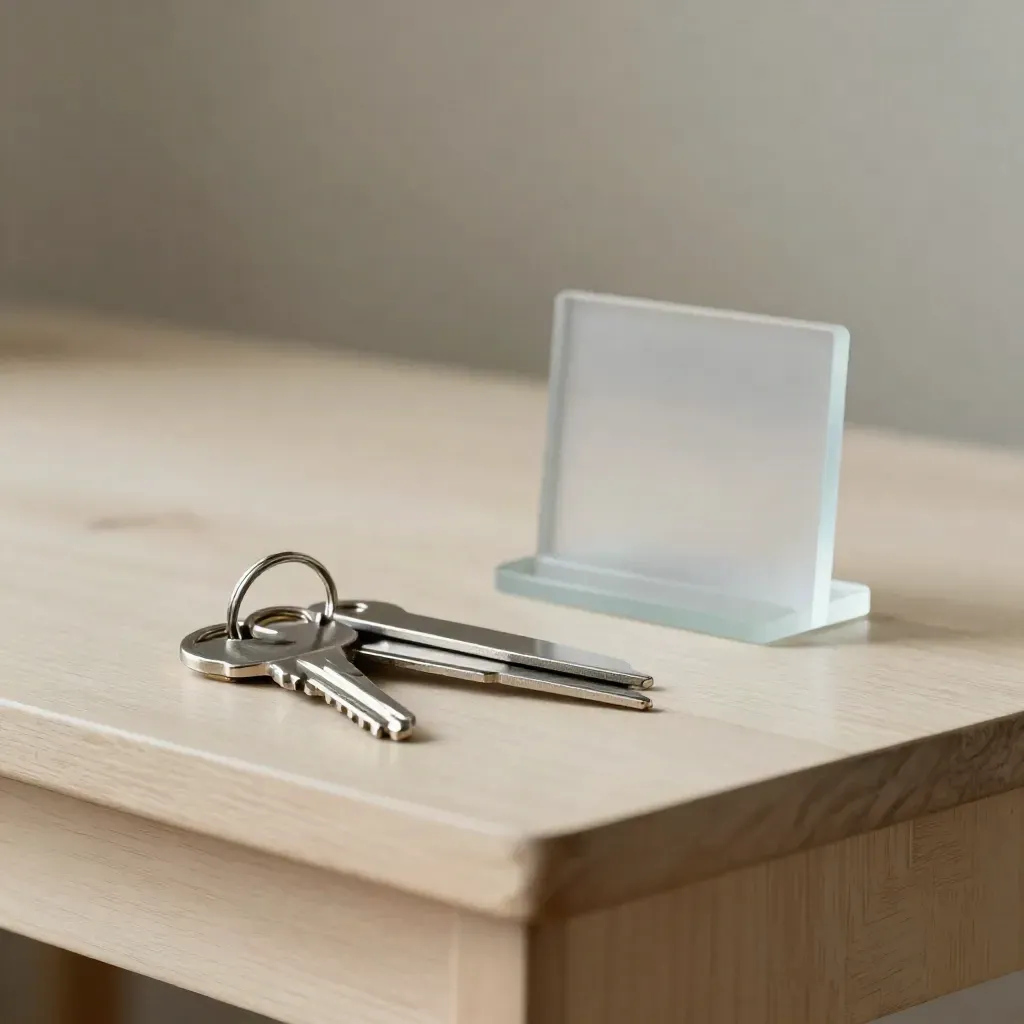 Silberne Profil-Tabs, Schlüsselring und Glasständer auf hellem Holz, minimal und elegant.