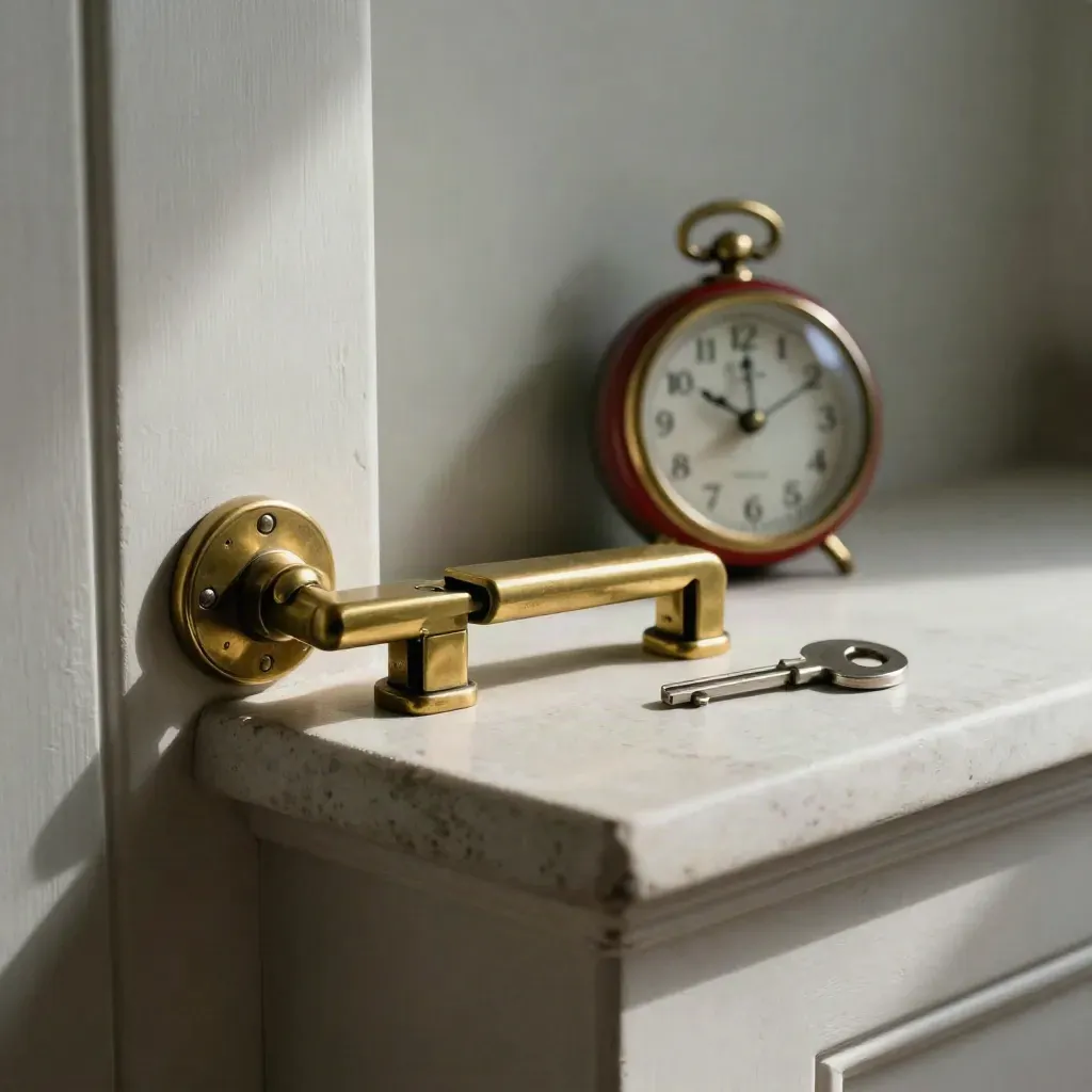 Brasslatch mit Uhr und Schlüssel auf hellem Steinsims, subtiler roter Akzent