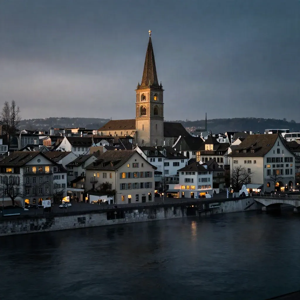 Zürichs Skyline mit Grossmünster über ruhigem Fluss und Dächern im Abenddunst