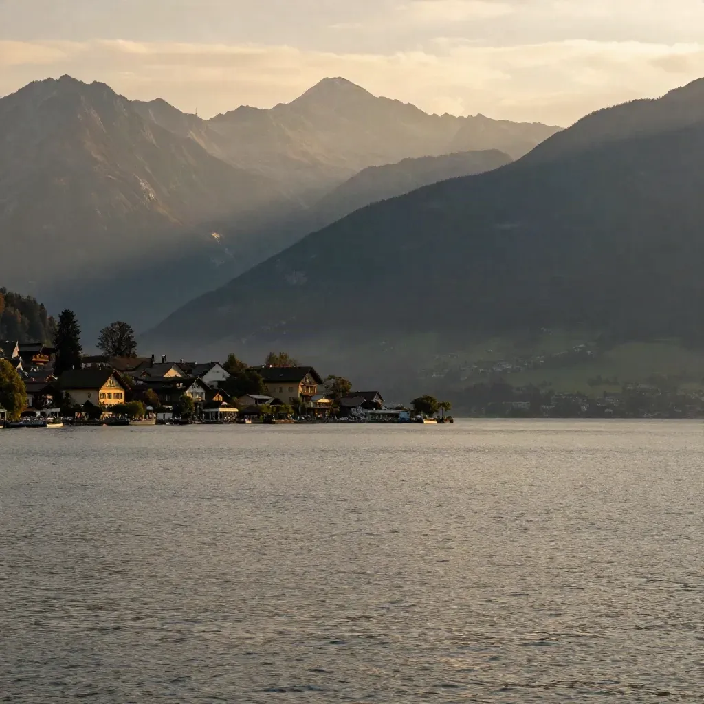 Luzerner Seelandschaft mit Pilatus und Rigi im warmen Morgenlicht.
