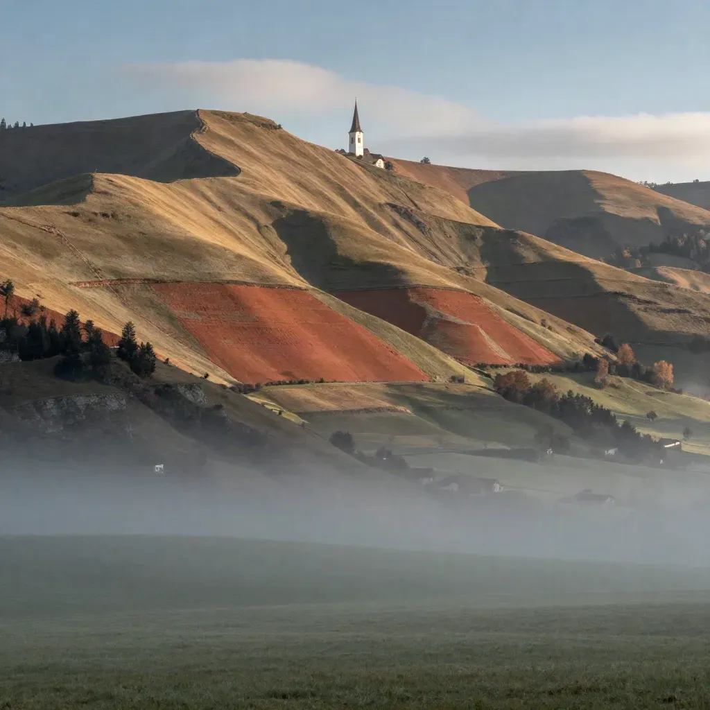 Ostschweizer Hügel mit Kirchturm über Nebel, ruhige Fläche für Text