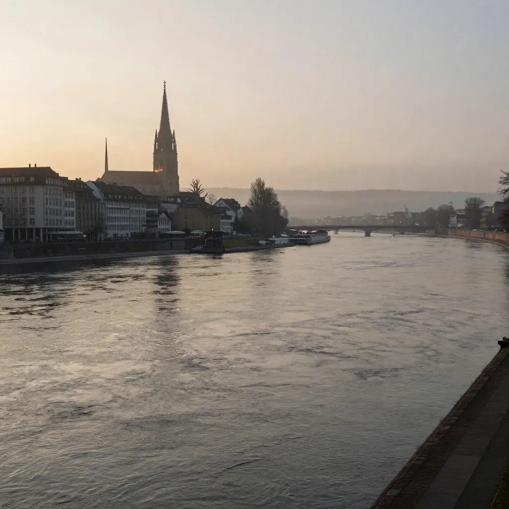 Basels Rheinbogen bei Dämmerung mit Münster-Silhouette und Nebel über dem Fluss